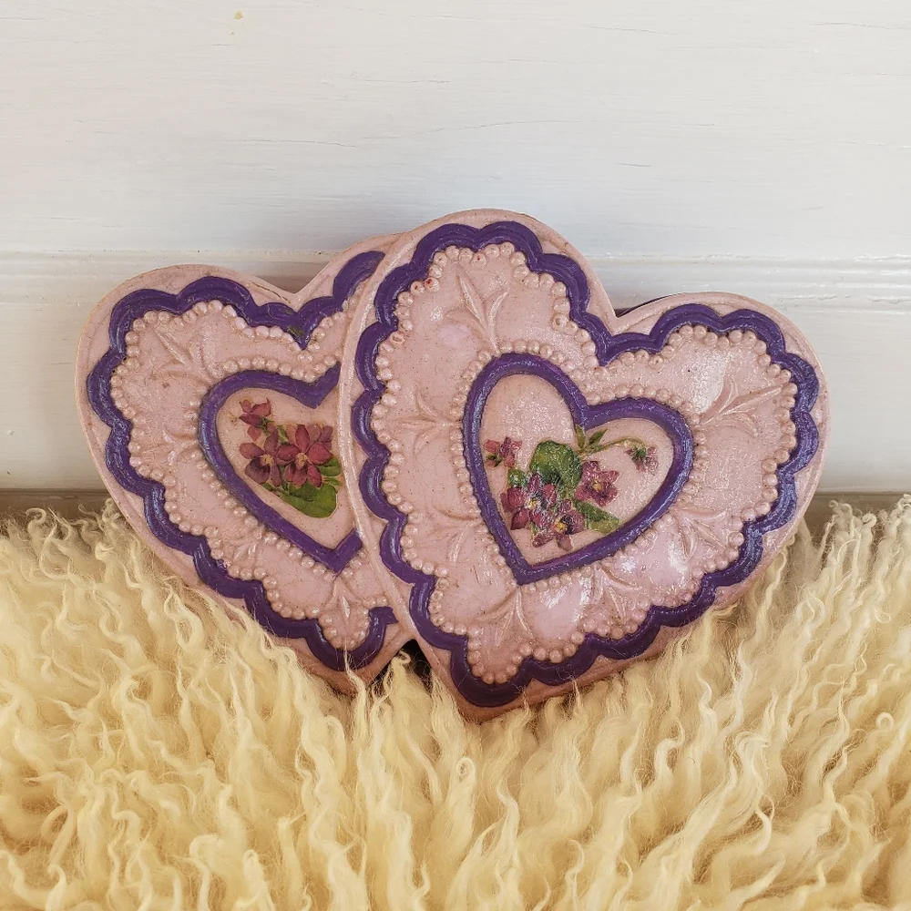 Handmade Ceramic Heart Unicorn Vtg Trinket Jewelry Box Cottage Purple Pink
